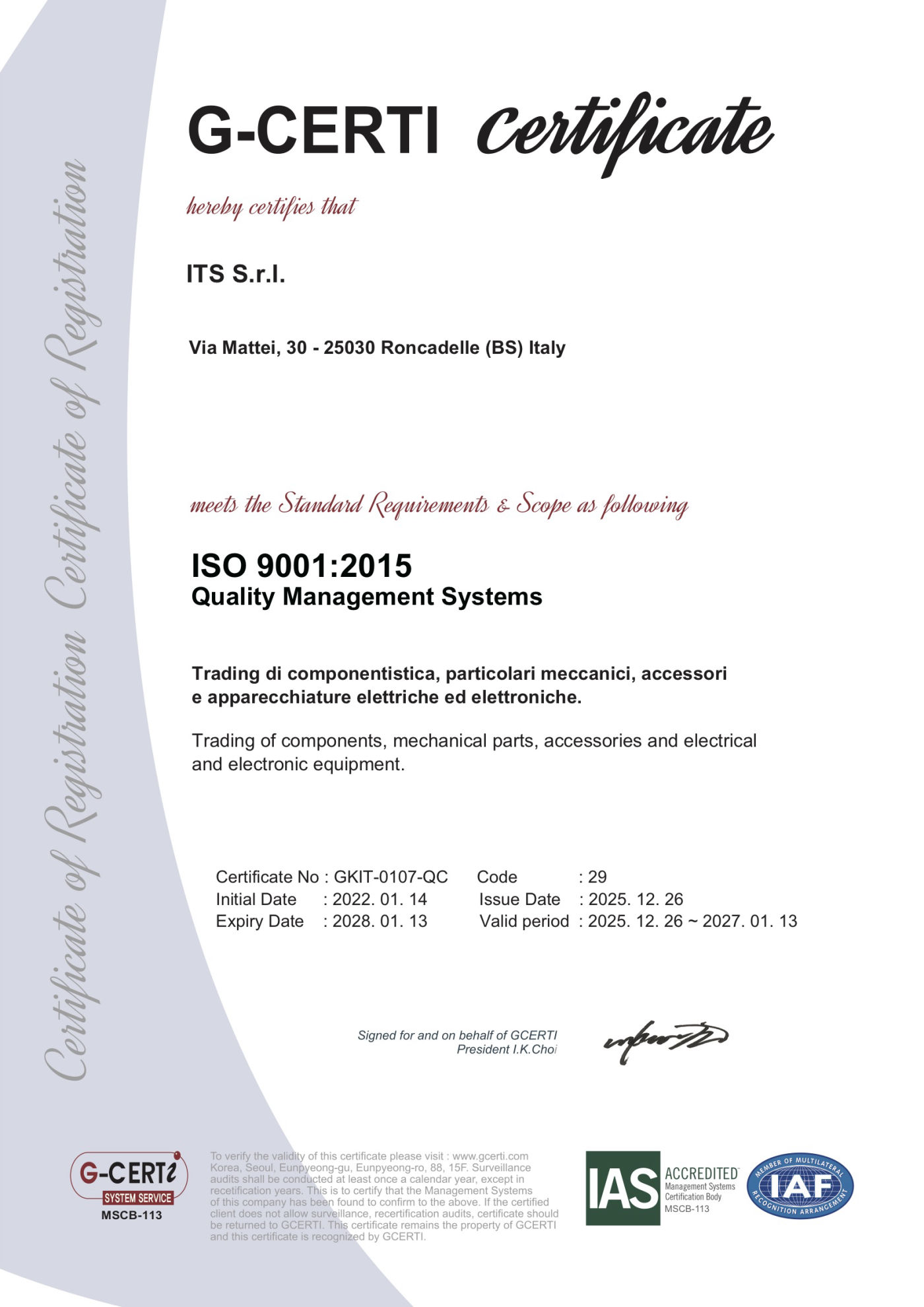 ITS srl - certificato sistema di gestione qualità aziendale ISO 9001:2015